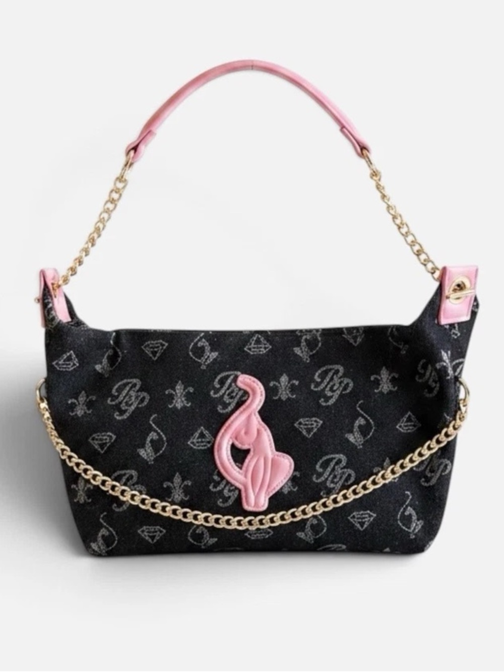 BABY PHAT Black Denim Chain Shoulder Bag with Pink Accents